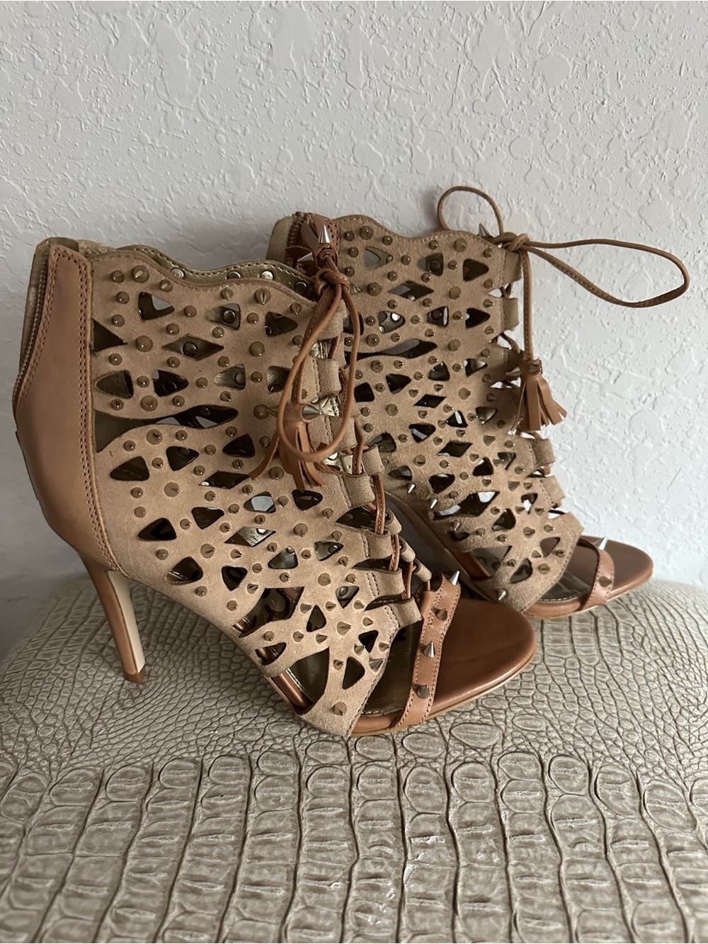 Sam Edelman Tan Cutout Lace-Up Stiletto Sandals
